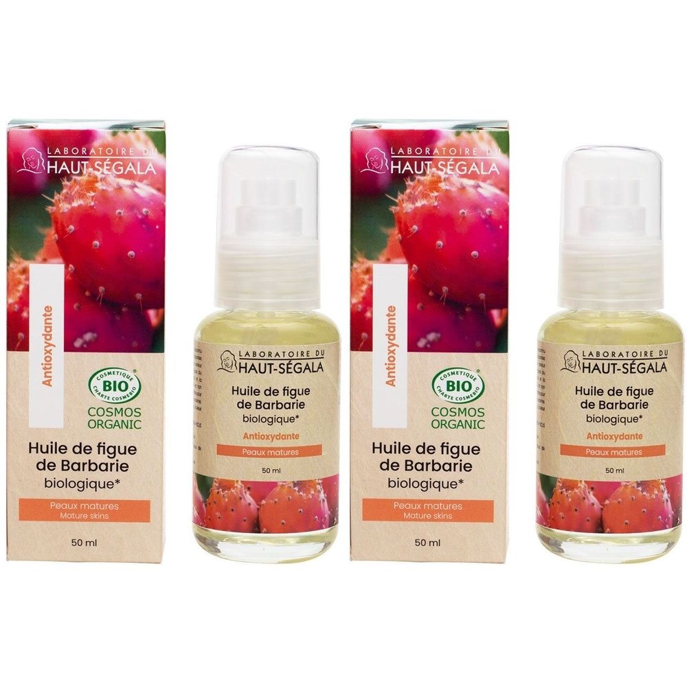 Trois flacons d'huile de figue de Barbarie bio avec pompe et boîte. 50 ml.