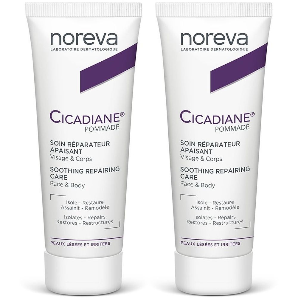 Deux tubes de Cicadiane® Pommade. Tubes blancs avec accents violets et inscriptions. Contient du texte en français et en anglais.