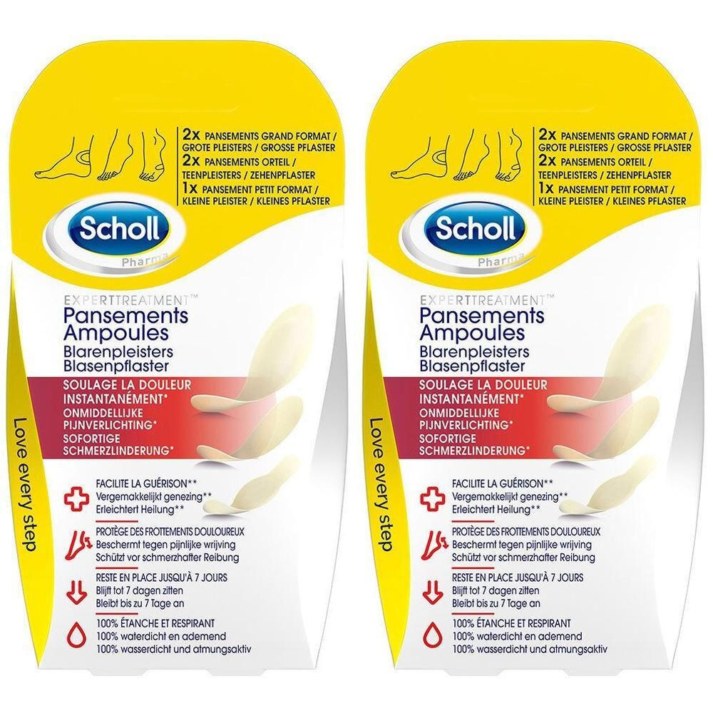 Twee verpakkingen Scholl blarenpleisters. Gele verpakking met productnaam en maten. Bevat pleisters voor hielen en tenen.