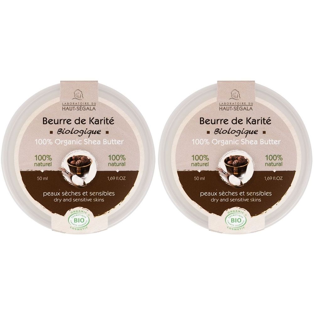 Twee ronde potten met "Beurre de Karité Biologique". Bevat 100% biologische shea butter. Voor droge en gevoelige huid.