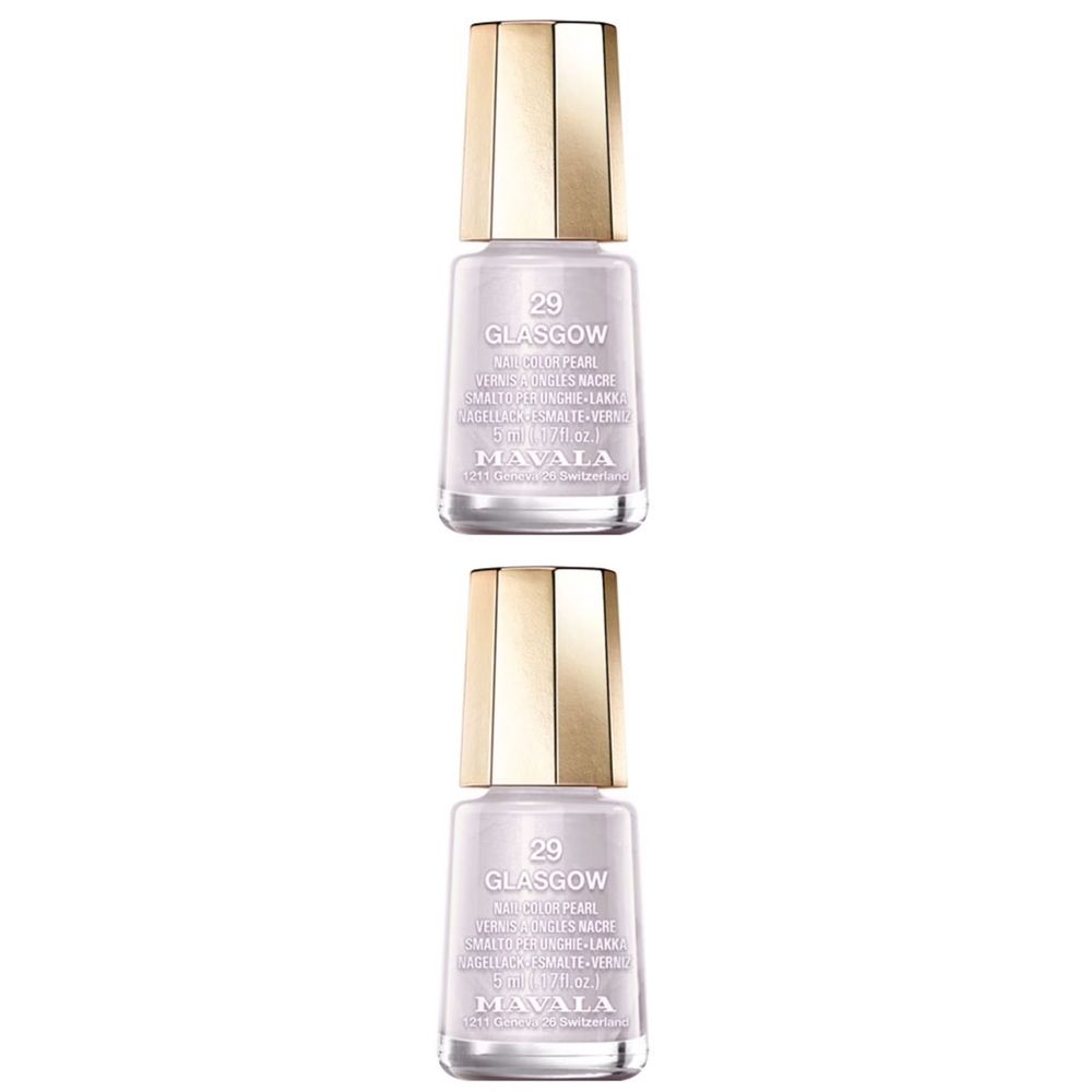 Deux flacons de vernis à ongles Glasgow, bouchons dorés. Marque Mavala. Teinte 29. Effet nacré.