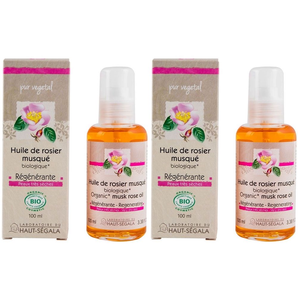 Drie flessen en verpakkingen. Opschrift: Huile de rosier musqué biologique, Régénérante. BIO-certificering. Laboratoire du Haut-Ségala.