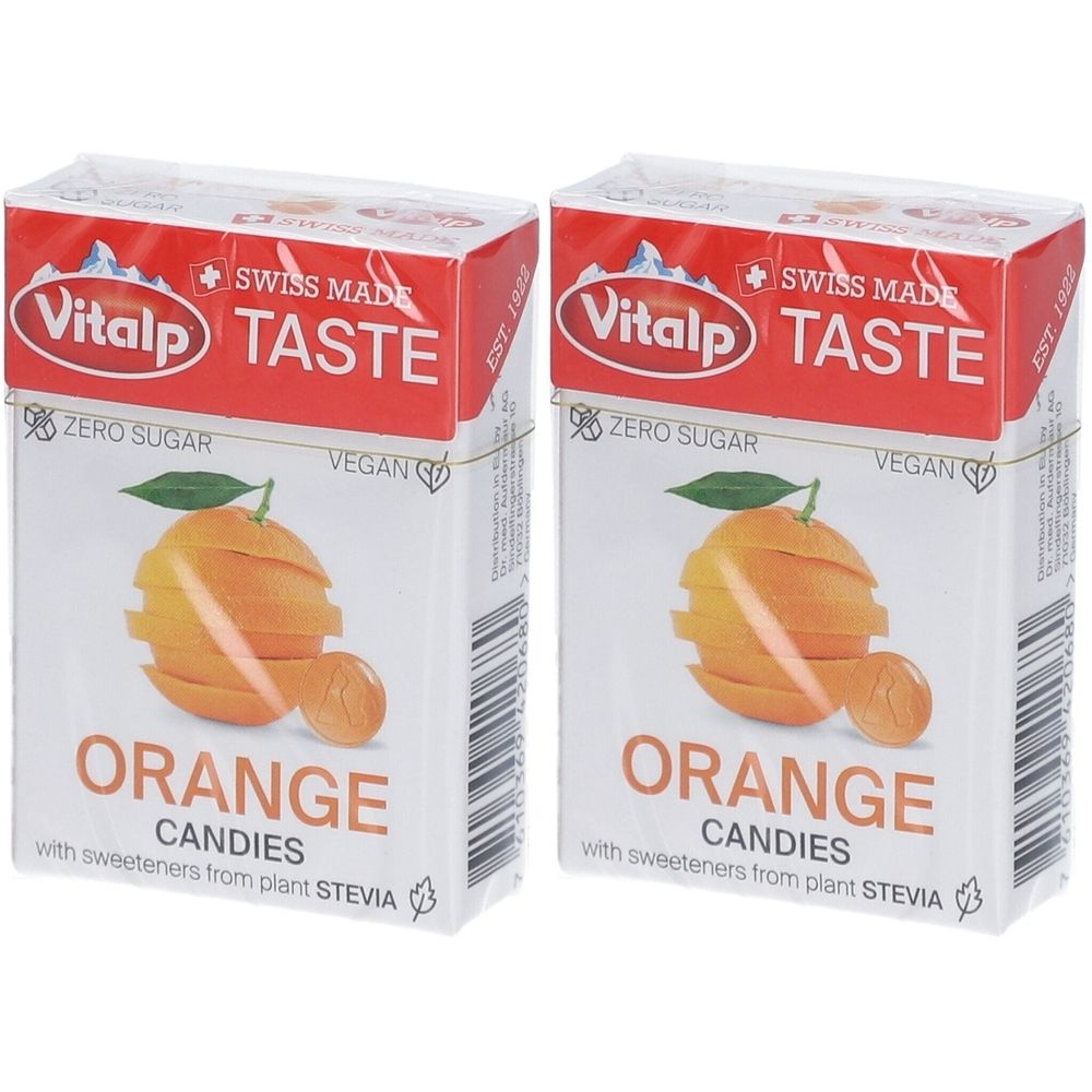 Twee dozen Vitalp snoepjes. Opschrift: Sinaasappel, zonder suiker, veganistisch. Illustratie van een sinaasappel.