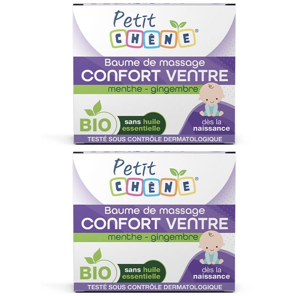 Twee rechthoekige verpakkingen. Opschrift: Petit Chêne, Buikcomfort massagebalsem, BIO, zonder essentiële olie, vanaf de geboorte.