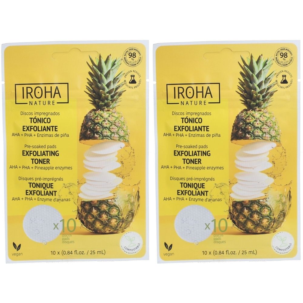 Deux emballages jaunes avec logo Iroha Nature. Inscription : Exfoliating Toner. Illustration d'ananas avec disques. Label vegan.