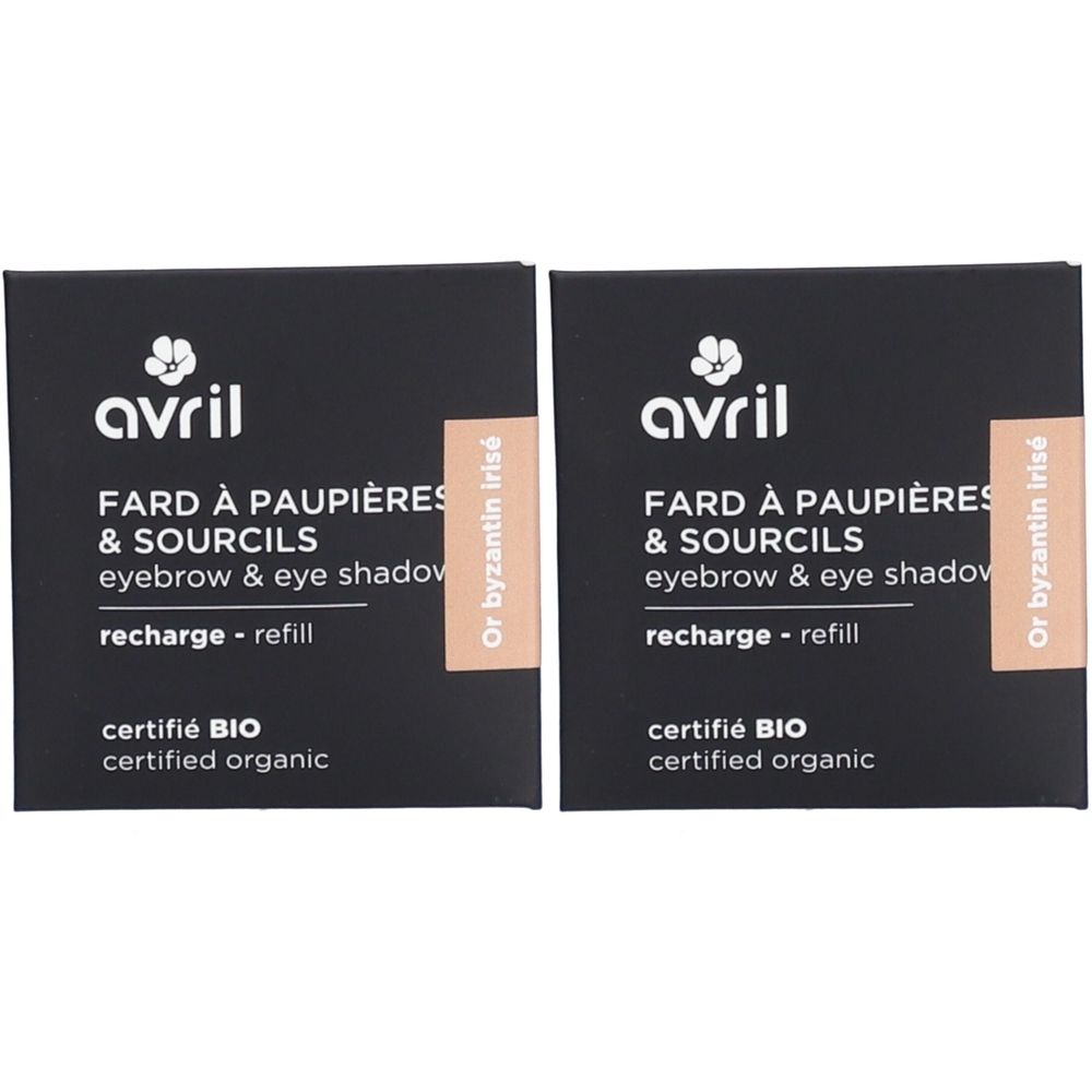 Deux recharges carrées de fard à paupières et à sourcils. Emballage noir avec texte blanc. Certifié BIO. Couleur : Or byzantin irisé.