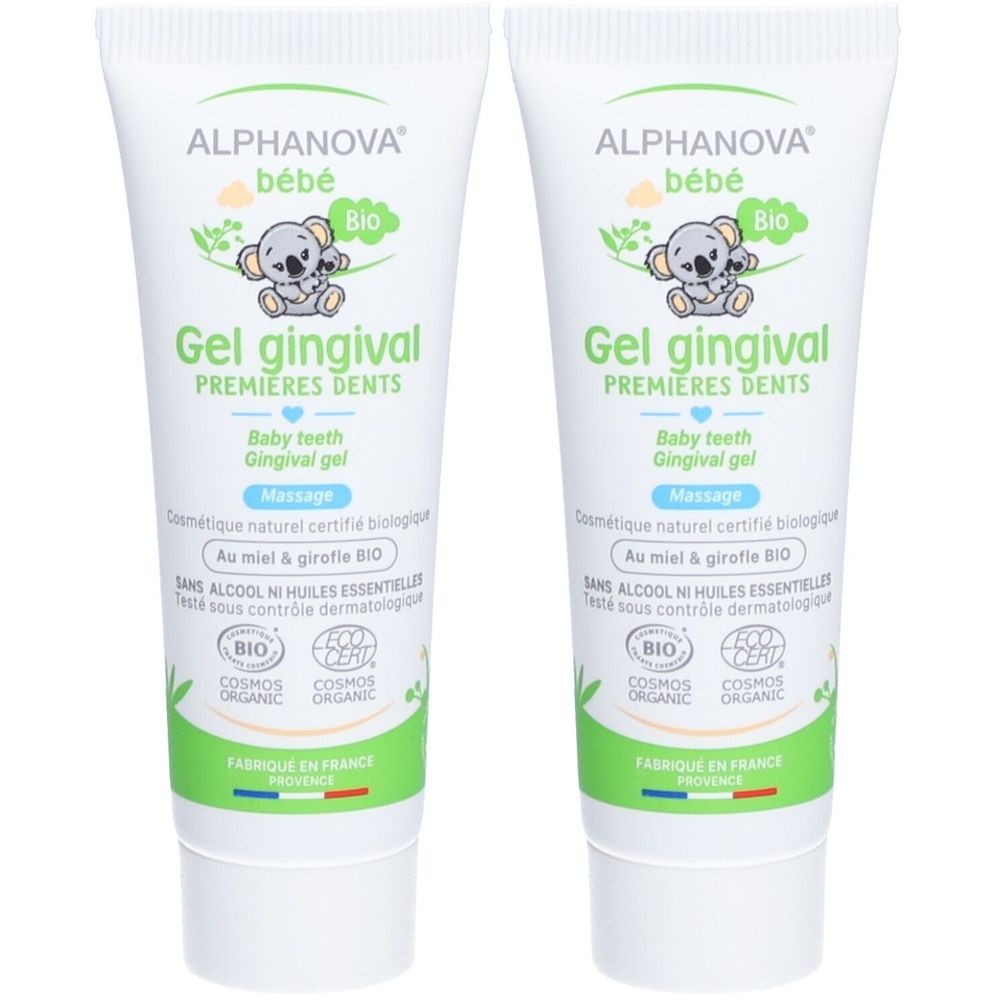 Twee tubes gel. Opschrift: ALPHANOVA bébé, Gel gingival, Bio. Met koala-illustratie. Certificeringen: COSMOS ORGANIC, BIO. Gemaakt in Frankrijk.