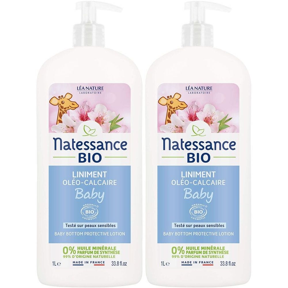 Deux flacons Natessance BIO Liniment Oléo-Calcaire Baby avec pompes. Motif girafe et fleurs.