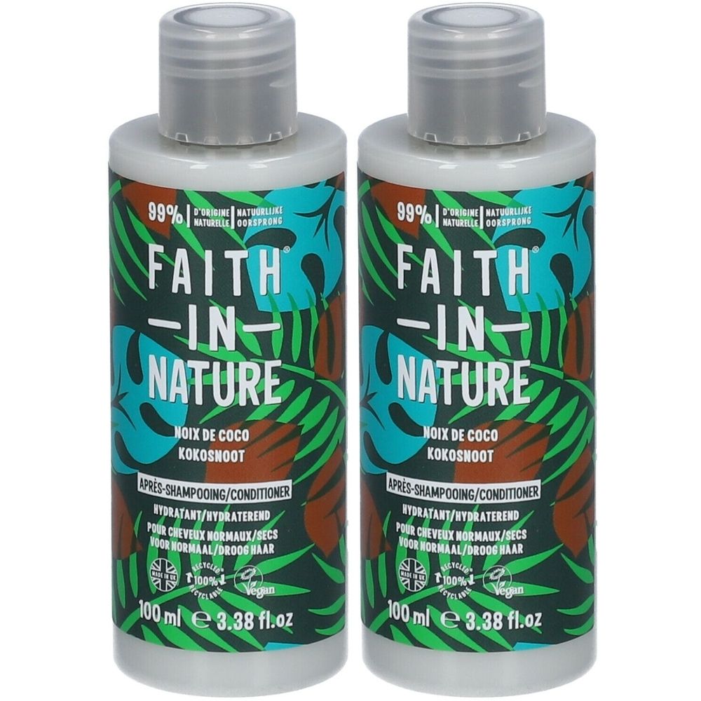 Twee flessen FAITH IN NATURE Après-Shampoing Hydratant. Witte flessen met groen en blauw etiket. Tekst: Noix de Coco, Kokosnoot, Après-Shampoing.