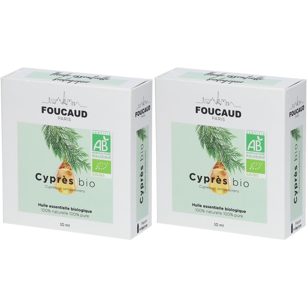 Deux boîtes blanches avec impression. Inscription: FOUCAUD PARIS, Cyprès bio, label AB. Texte: Huile essentielle biologique, 100% naturelle 100% pure.
