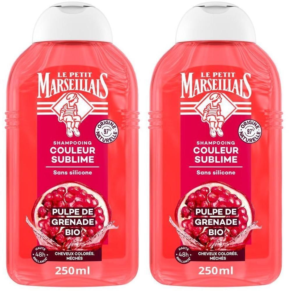 Twee flessen Le Petit Marseillais shampoo met granaatappelmotief, 2x 250ml.