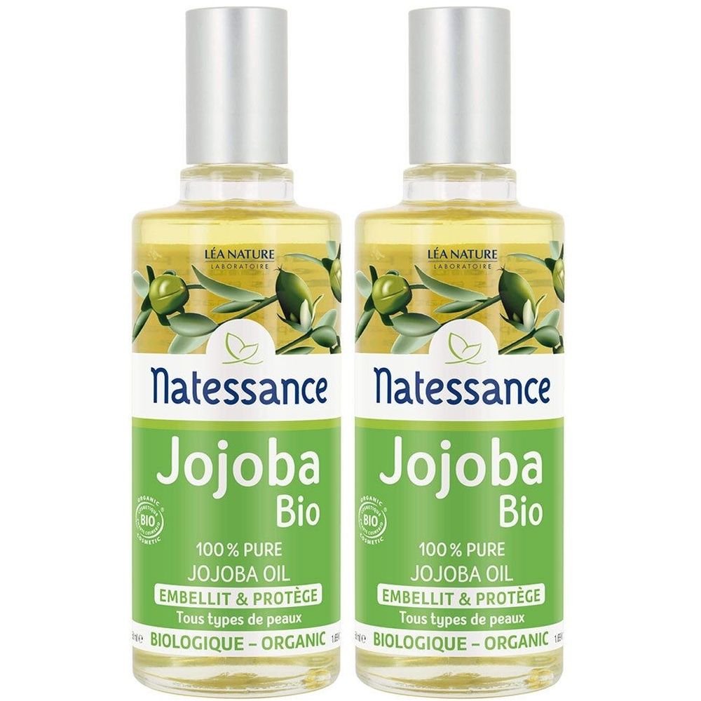 Twee flessen Jojoba Bio. Labels met Natessance, Jojoba Bio, 100% pure jojoba-olie. Biologische certificering. Voor alle huidtypes.