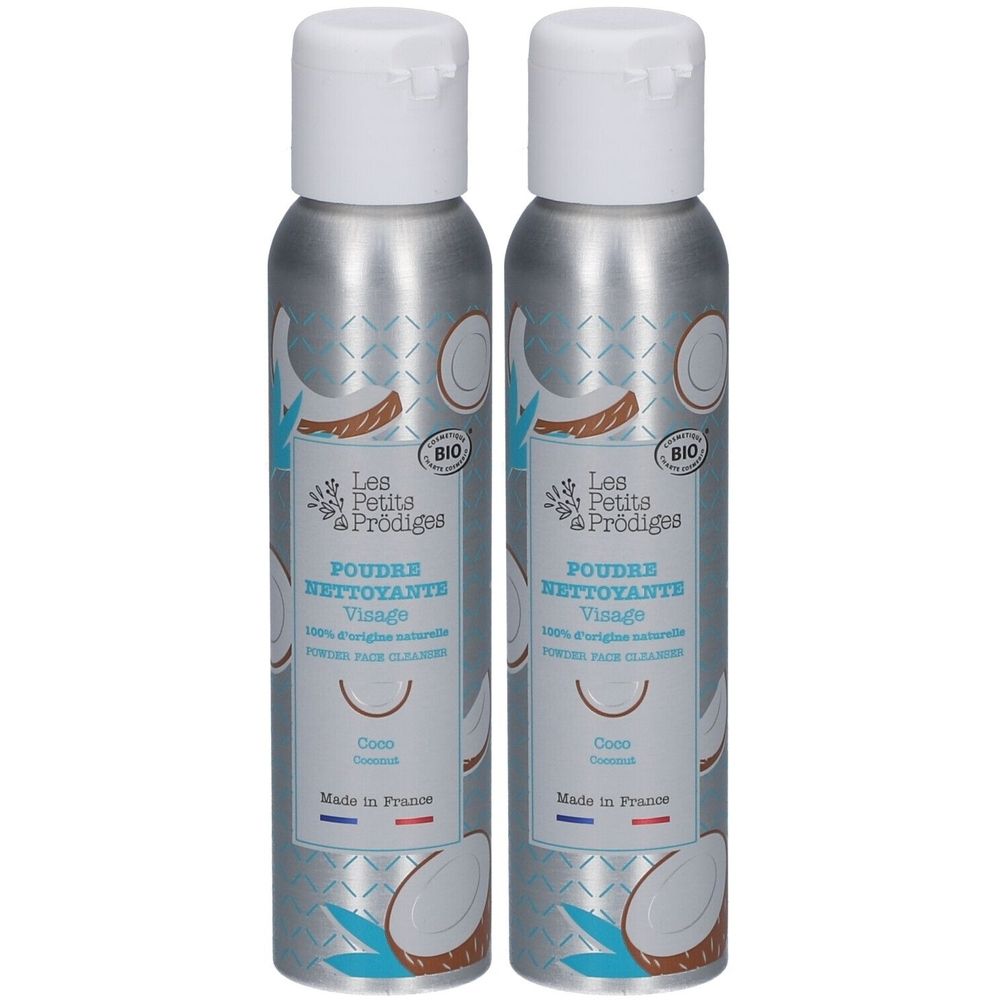Deux flacons de Poudre Nettoyante Visage, bouchons blancs. Inscription: Les Petits Prodiges, Poudre Nettoyante Visage, Coco. Certification Bio.