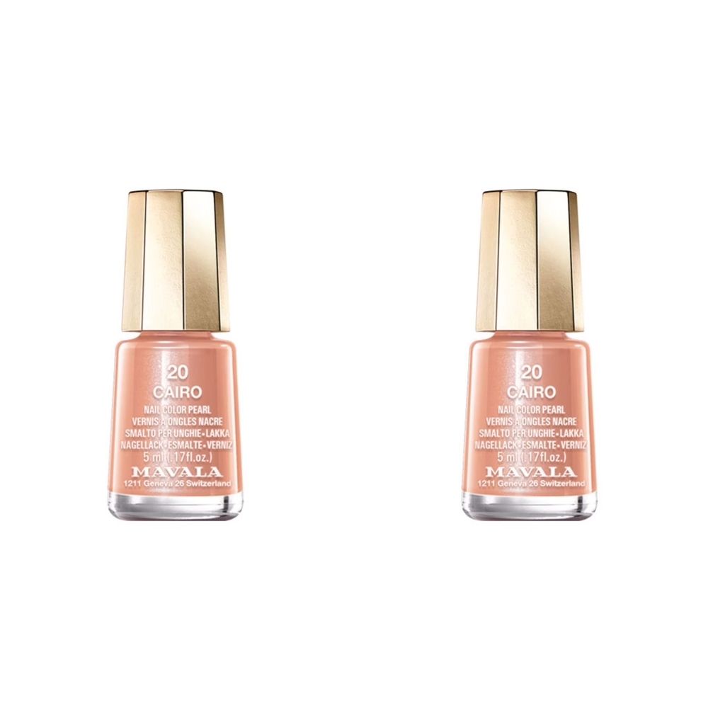 Twee flesjes nagellak, kleur crème Cairo, met gouden doppen. Opschrift: 20 Cairo, Mavala.