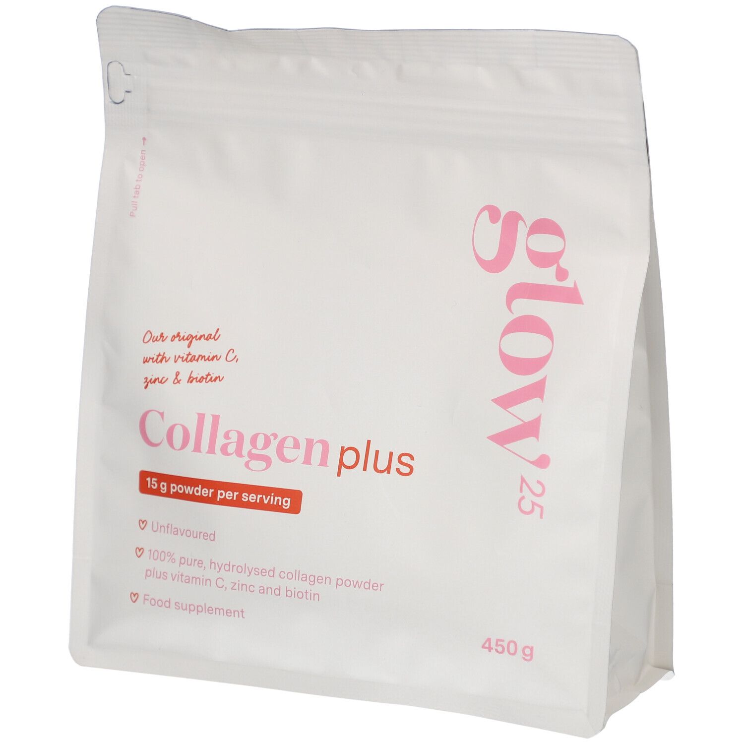Witte zak met roze opdruk. Bevat Collageen plus, vitamine C, zink en biotine. 450g.