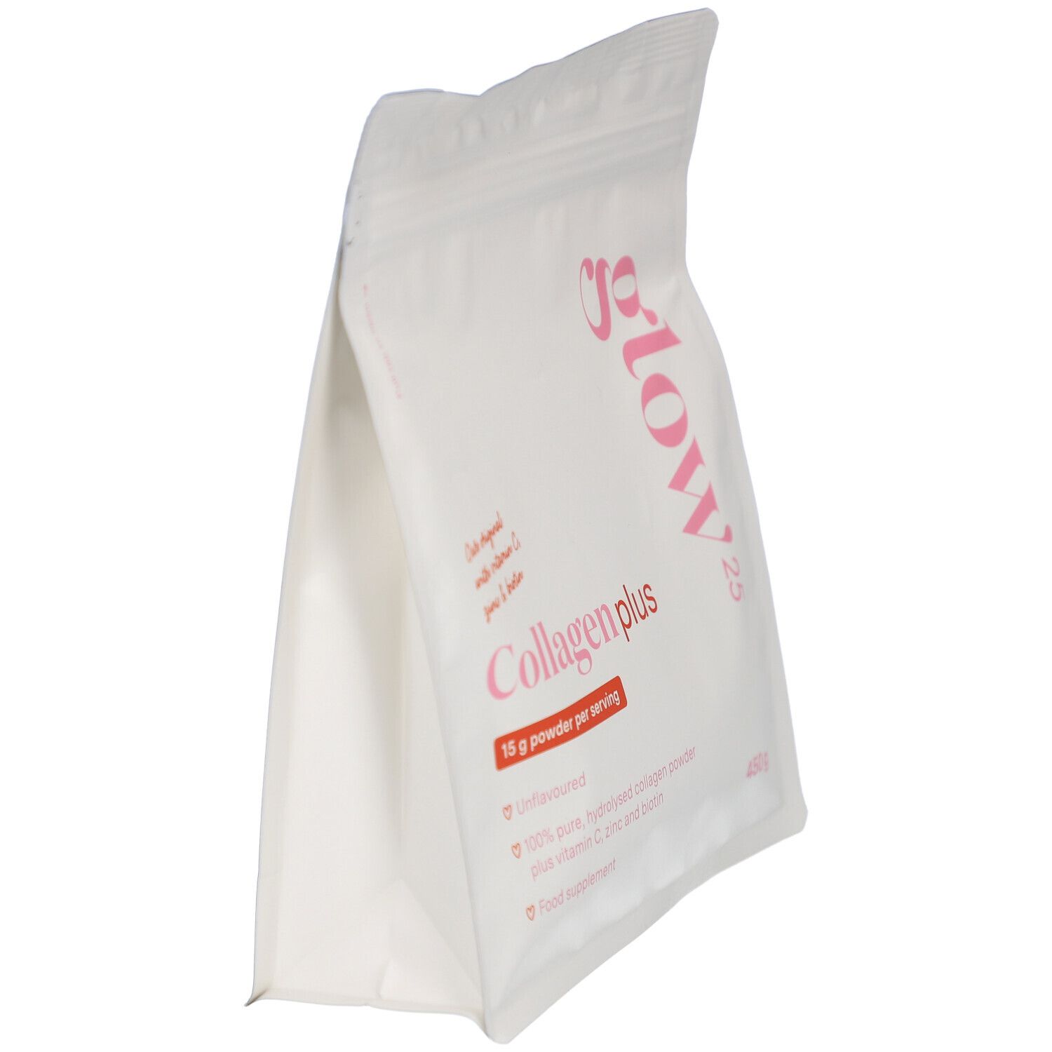 Witte zak met roze opdruk. Bevat Collageen plus, vitamine C, zink en biotine. 450g.