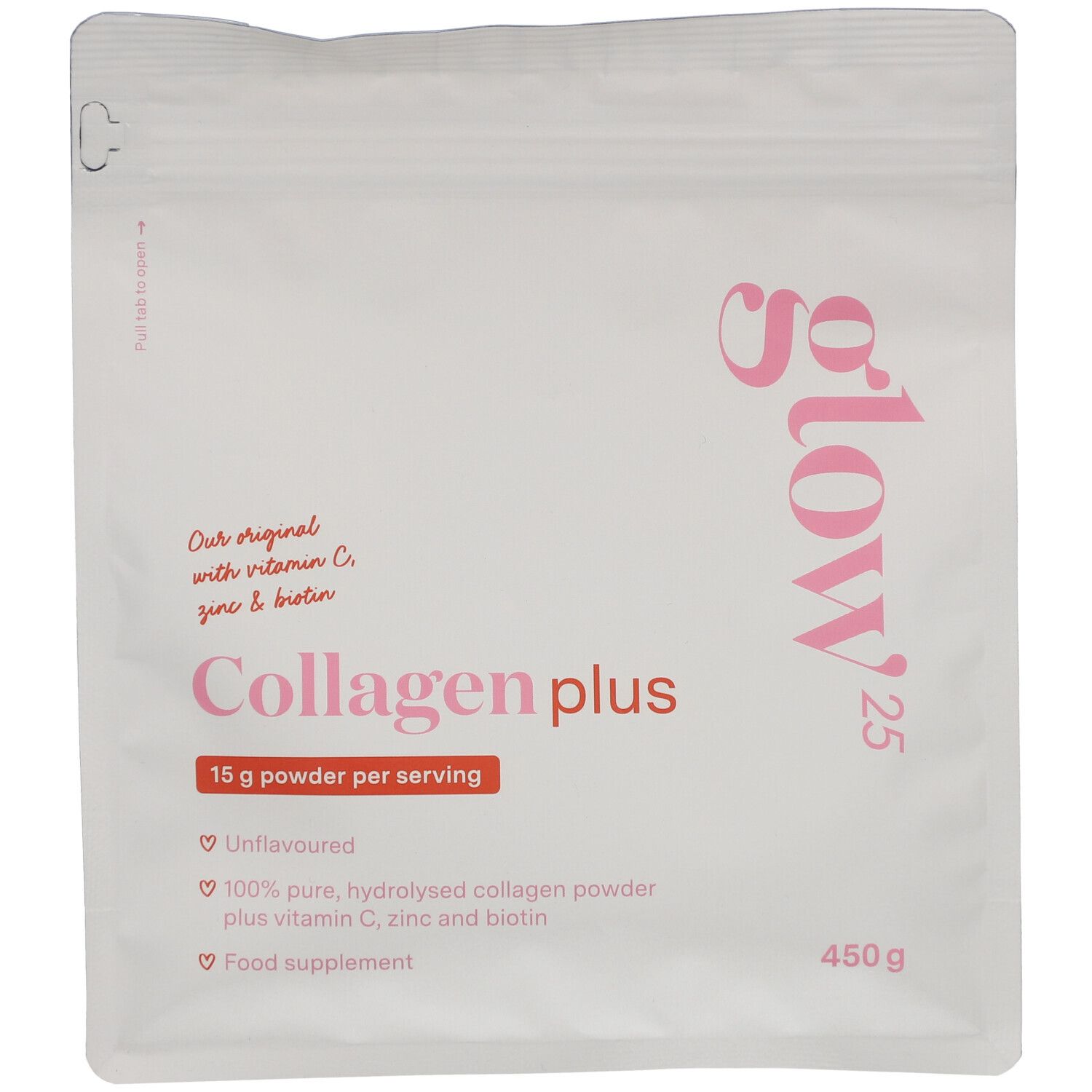 Witte zak met roze opdruk. Bevat Collageen plus, vitamine C, zink en biotine. 450g.