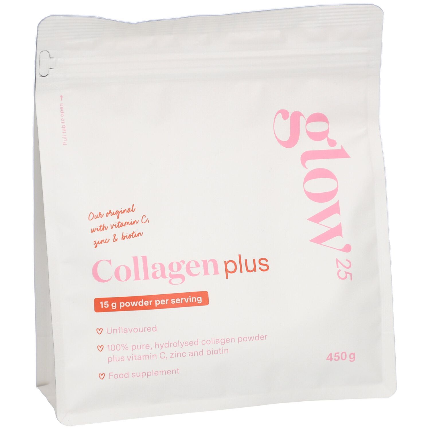 Witte zak met roze opdruk. Bevat Collageen plus, vitamine C, zink en biotine. 450g.