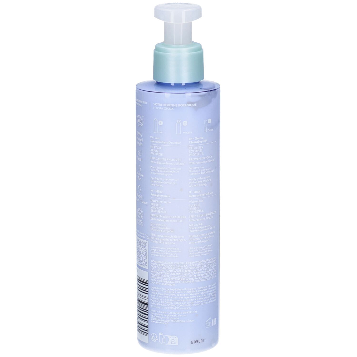 Vue arrière d'un flacon bleu-violet avec pompe doseuse. Texte en français. Code-barres et autres informations. Certification Bio.