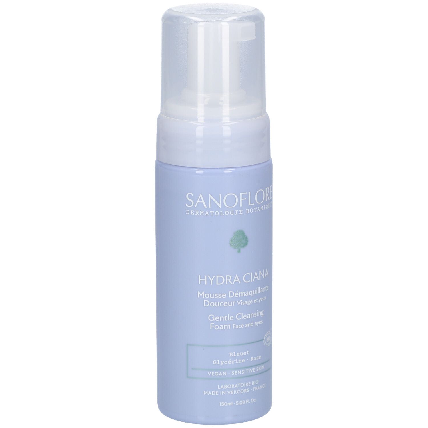 Blauw-witte fles met pomp. Opschrift: Sanoflore, Hydra Ciana, Mousse Démaquillante Douceur. Vegan, gevoelige huid.
