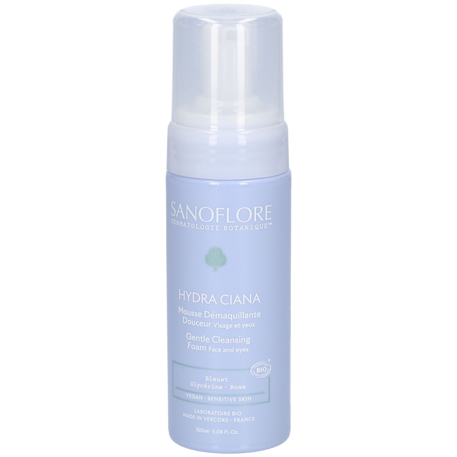 Blauw-witte fles met pomp. Opschrift: Sanoflore, Hydra Ciana, Mousse Démaquillante Douceur. Vegan, gevoelige huid.