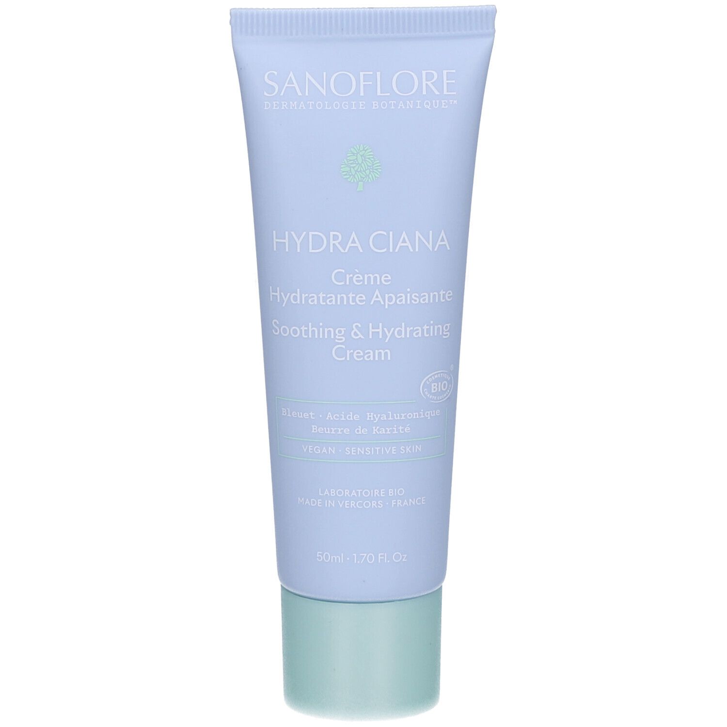 Lichtblauwe tube met groene dop. Opschrift: HYDRA CIANA Creme, Soothing & Hydrating Cream. Logo: groen blad. Tekst in het Frans.