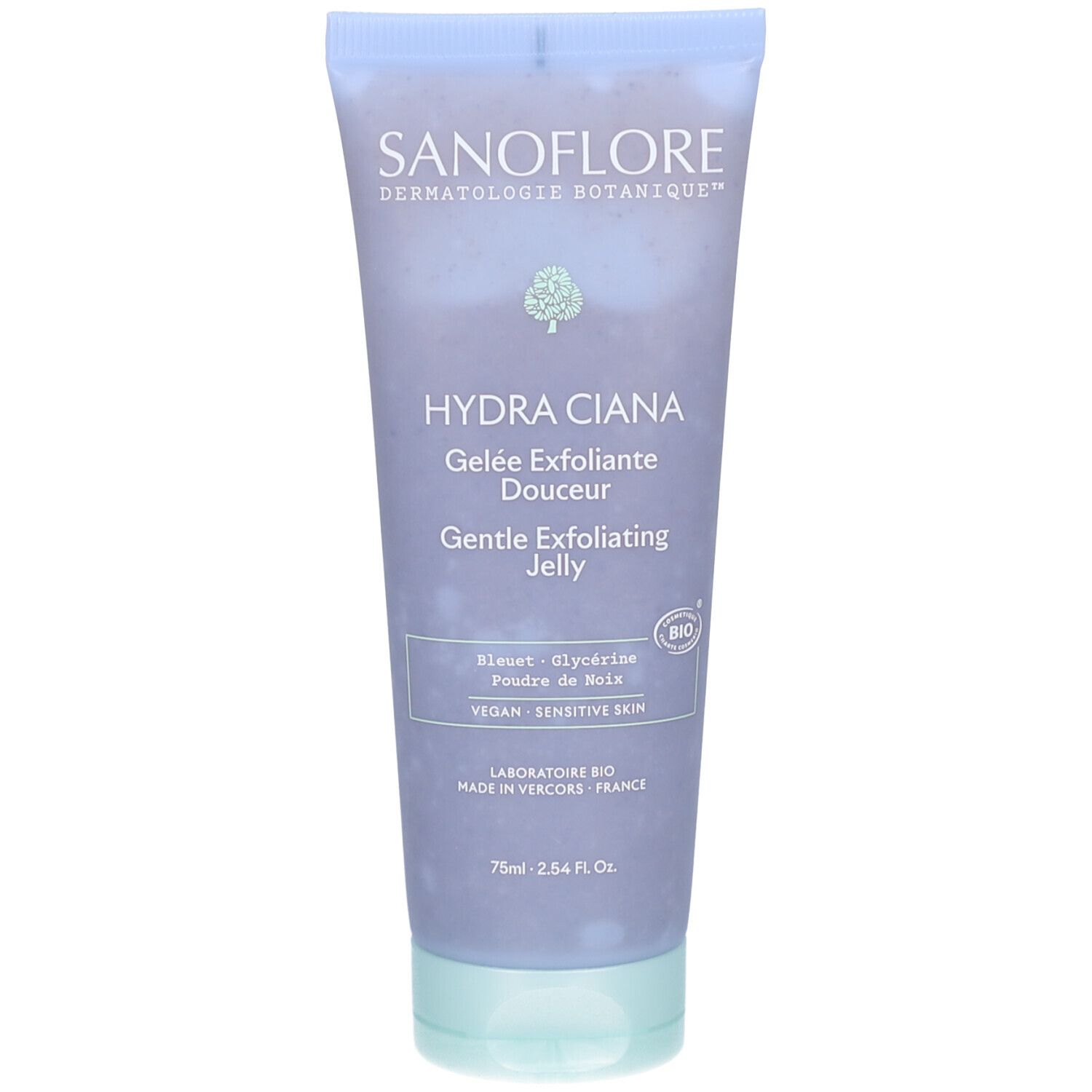 Tube SANOFLORE HYDRA CIANA. Tekst: Gelée Exfoliante Douceur, Gentle Exfoliating Jelly. BIO-certificering.