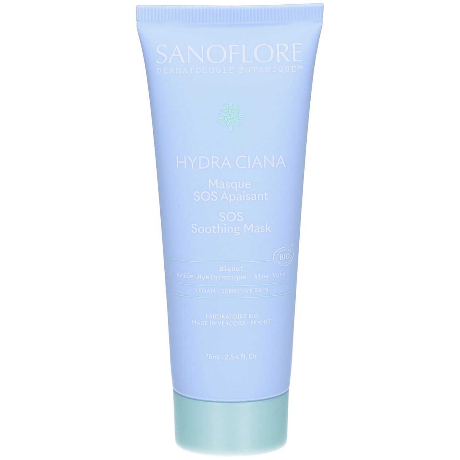Lichtblauwe tube. Opschrift: SANOFLORE, HYDRA CIANA, Masque SOS Apaisant, SOS Soothing Mask. Groene dop. Bio-certificering.