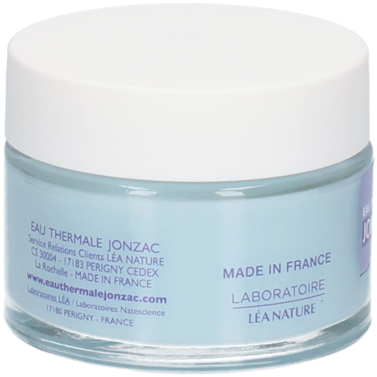 Blauwe crème pot met witte deksel. Opschrift: Eau Thermale Jonzac, Made in France, Laboratoire Léa Nature.