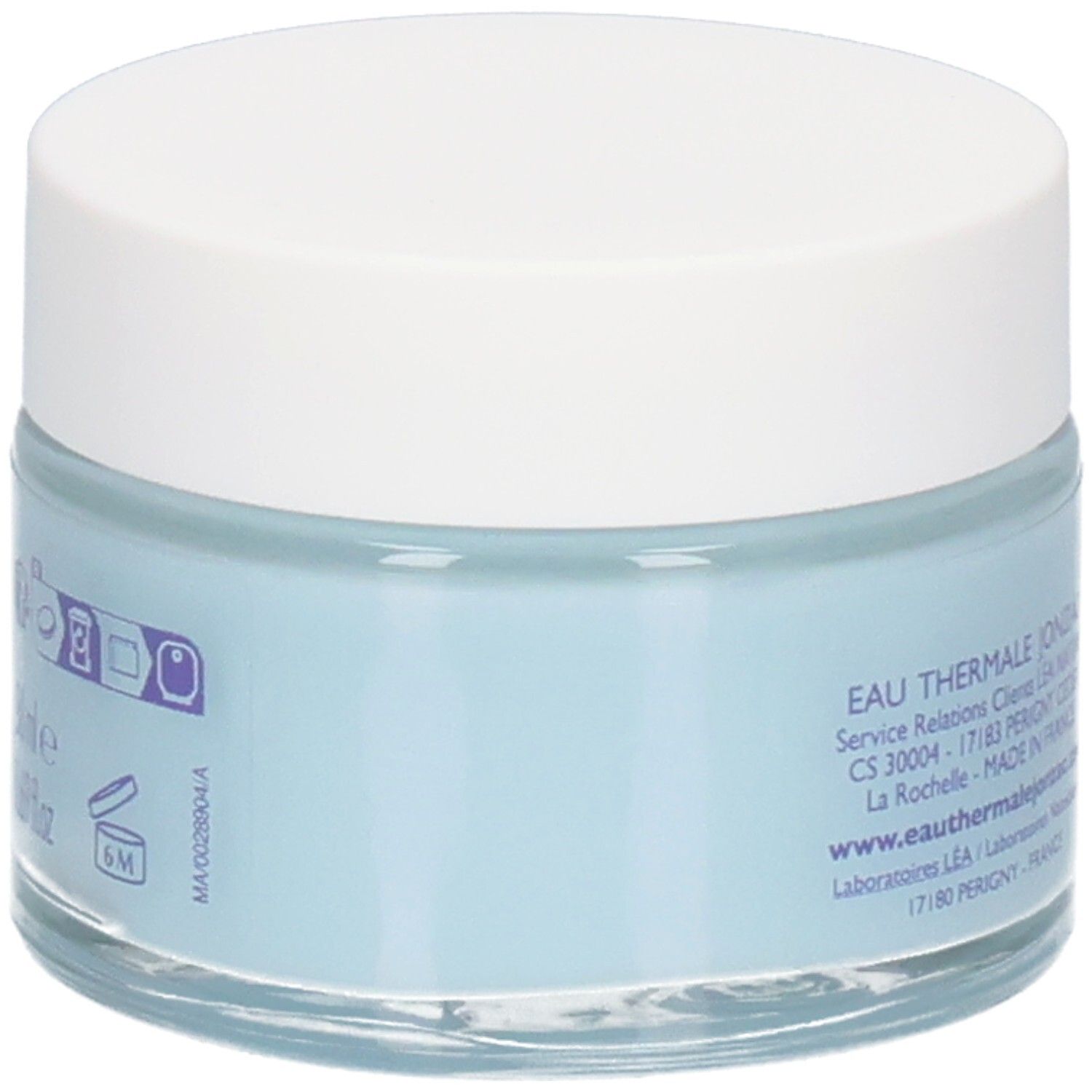 Blauwe crème pot met witte deksel. Opschrift: Eau Thermale Jonzac, Made in France, Laboratoire Léa Nature.