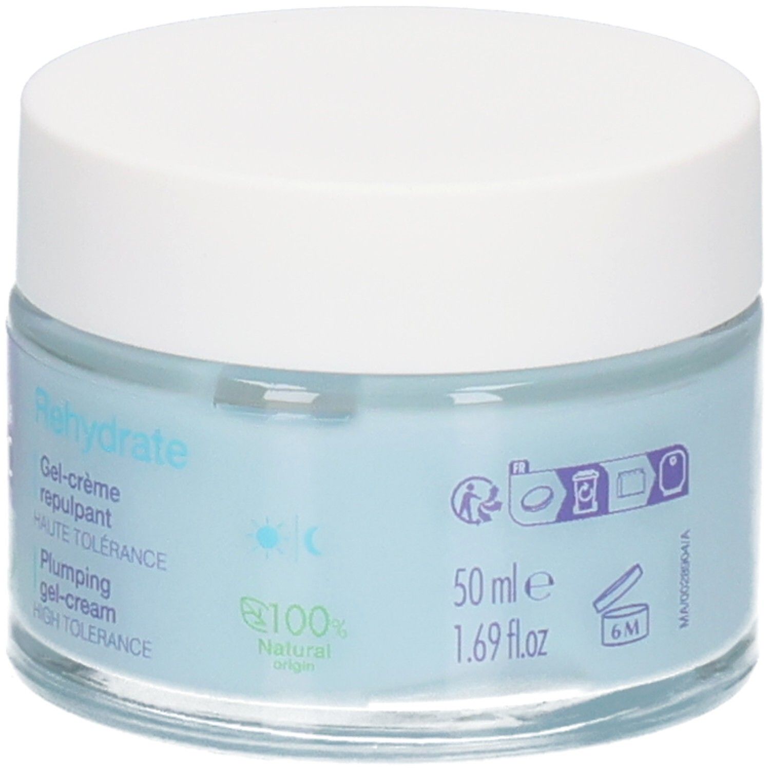 Blauwe crème pot met witte deksel. Opschrift: Rehydrate, 50 ml, 1.69 fl.oz, 100% Natural origin.