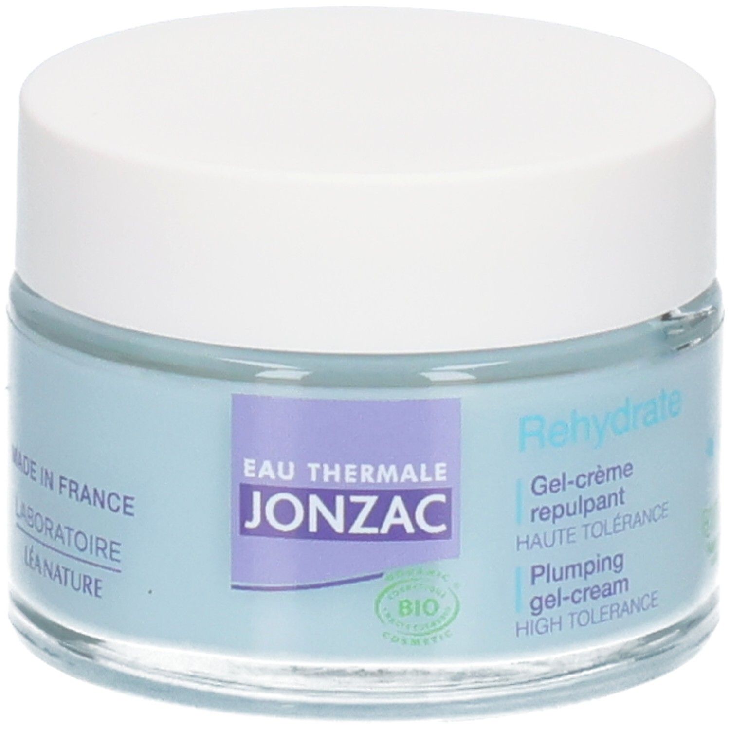 Blauwe crème pot met witte deksel. Opschrift: Eau Thermale Jonzac, bio-certificering, Rehydrate.