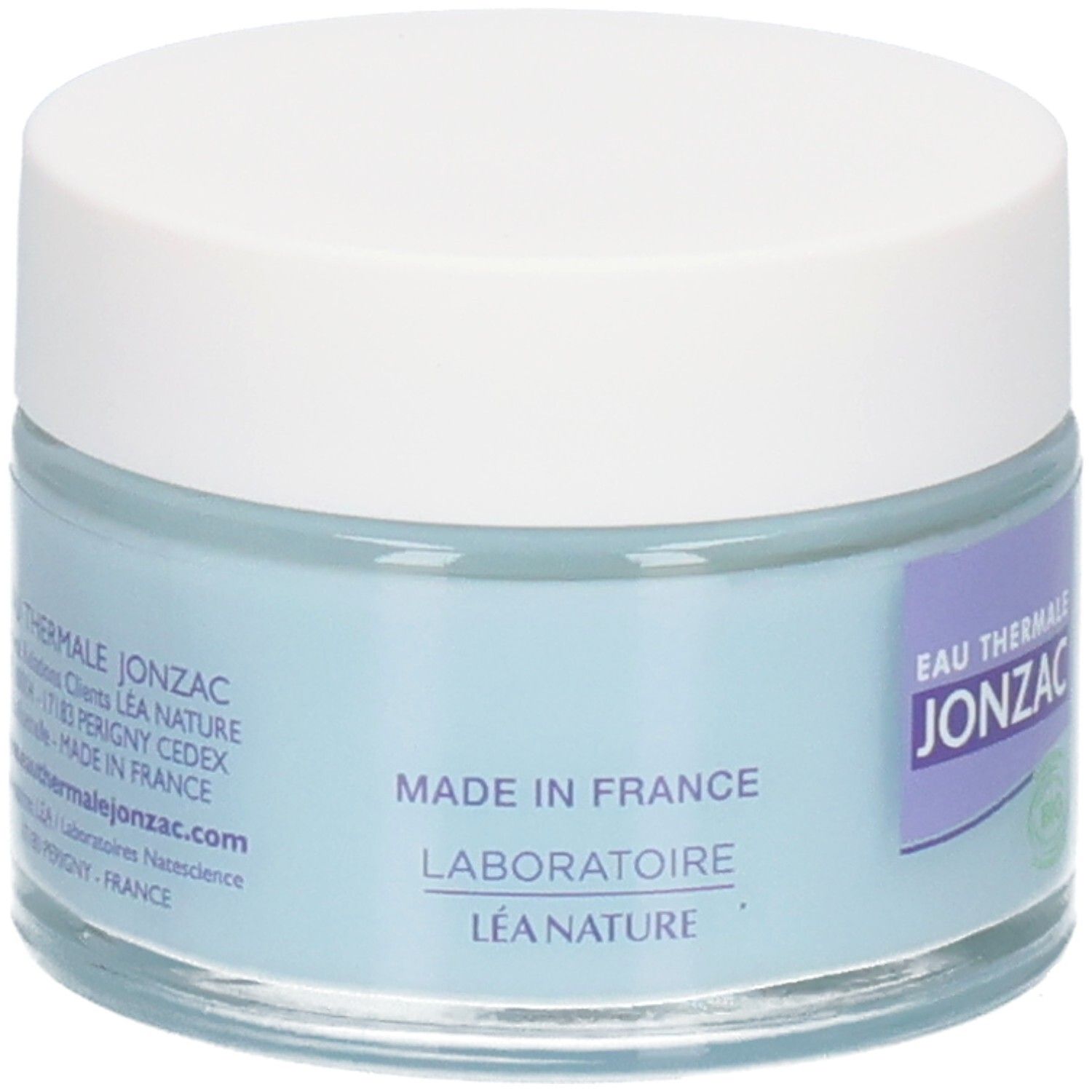 Blauwe crème pot met witte deksel. Opschrift: Eau Thermale Jonzac, Made in France, Laboratoire Léa Nature.