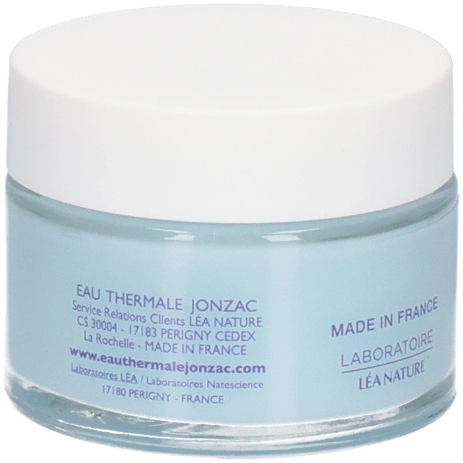 Blauwe crème pot met witte deksel. Opschrift: Eau Thermale Jonzac, Made in France, Laboratoire Léa Nature.