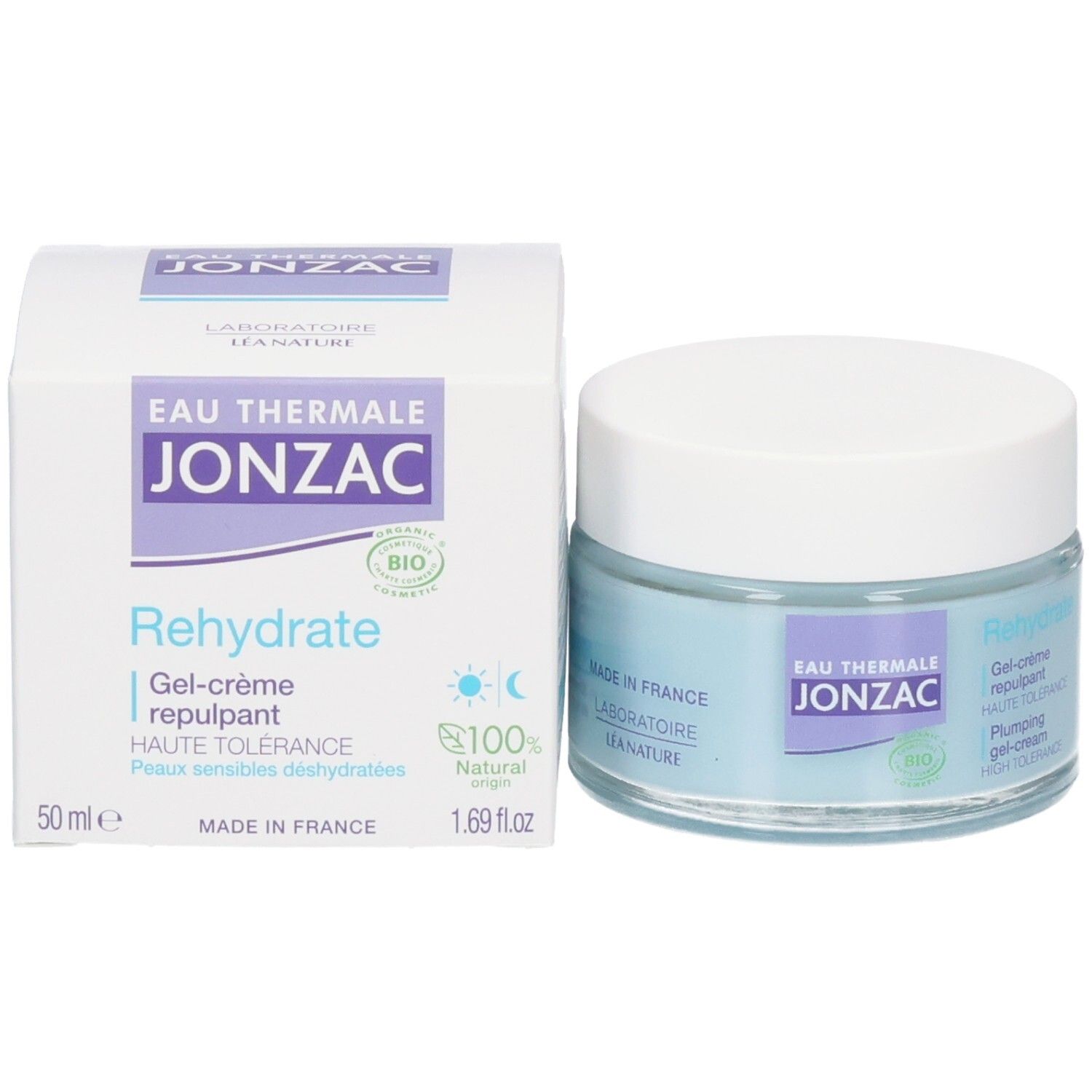 Crèmepot en doos. Opschrift: Eau Thermale Jonzac, Rehydrate, 50 ml, 1.69 fl.oz, bio-certificering.