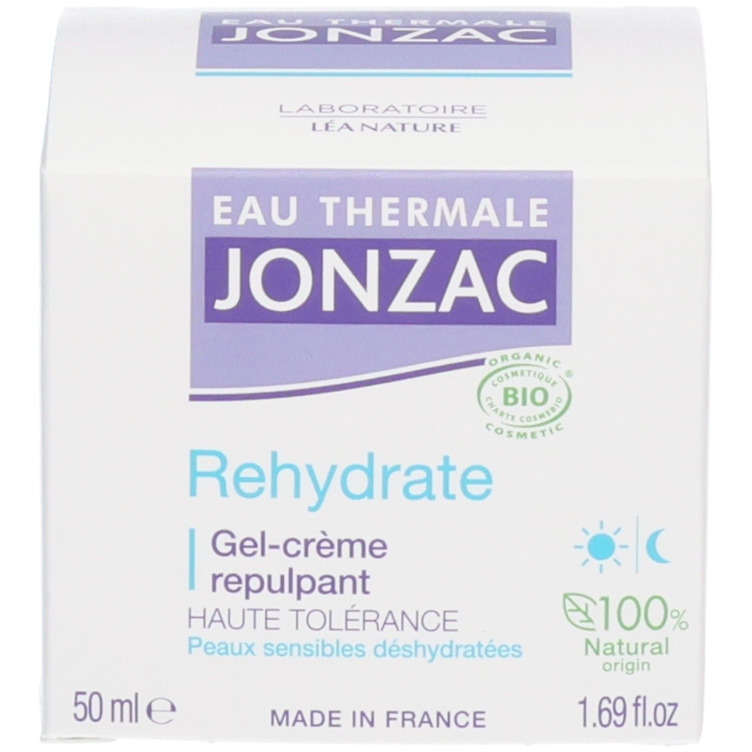 Witte doos. Opschrift: Eau Thermale Jonzac, Rehydrate, 50 ml, 1.69 fl.oz, bio-certificering.