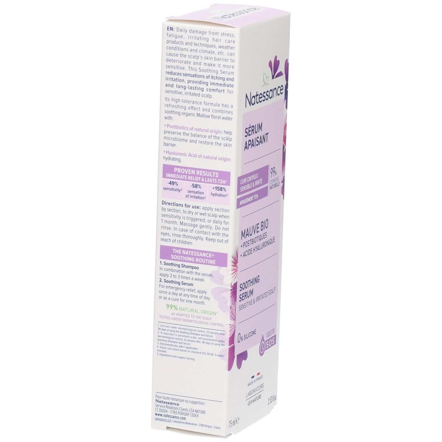Achterkant van de verpakking van NATESSANCE SERUM APAISANT. Tekst in het Engels en Frans. Bevat gebruiksinformatie.