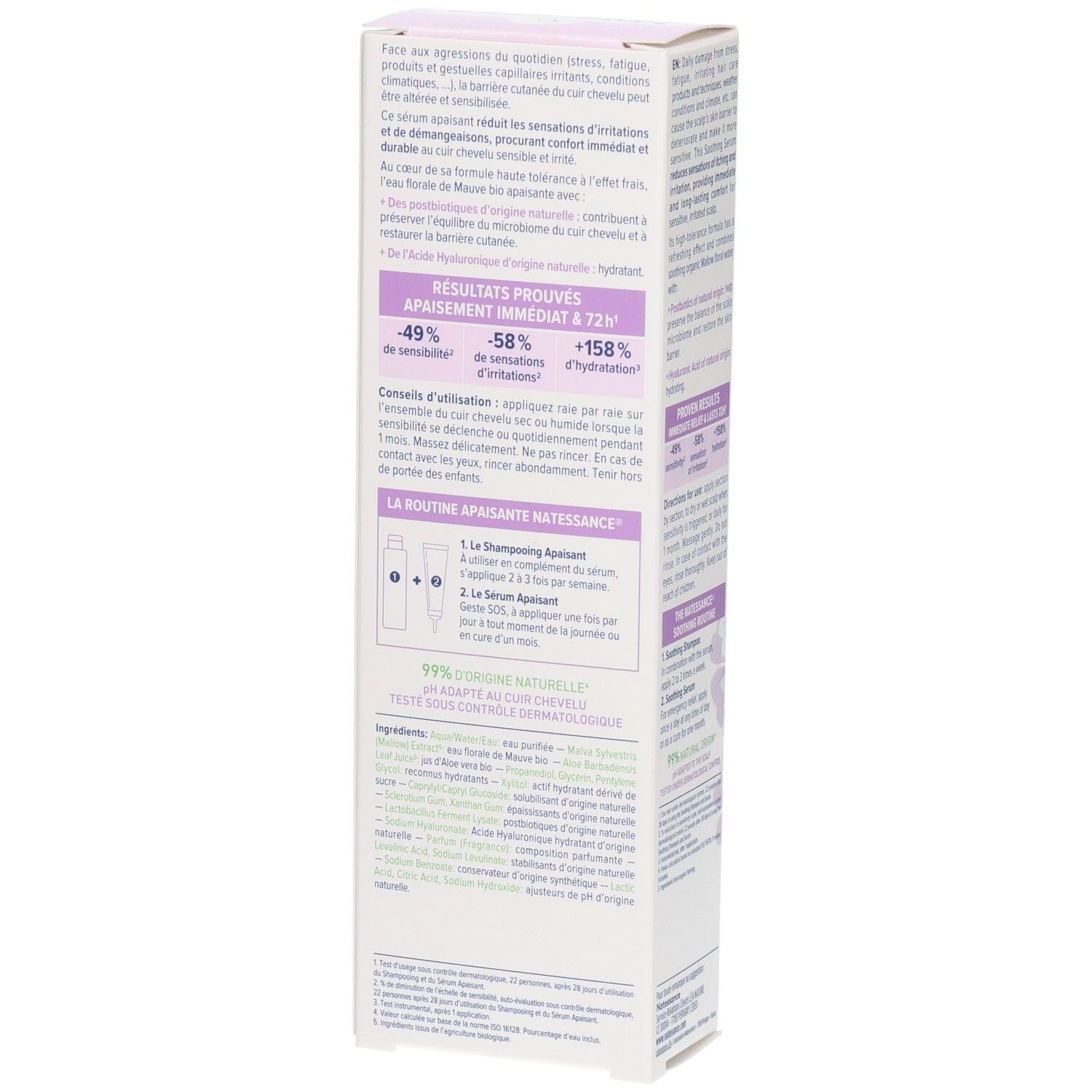 Achterkant van de verpakking van NATESSANCE SERUM APAISANT. Tekst in het Frans. Bevat gebruiksinformatie en ingrediënten.