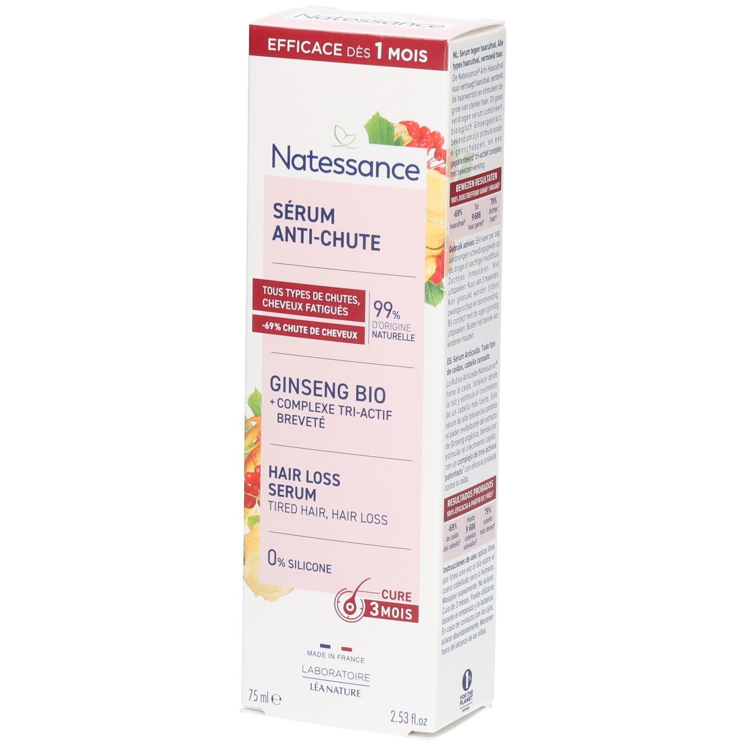 Doosje Natessance serum tegen haaruitval. Bevat Ginseng Bio. Tekst: Hair Loss Serum. 0% silicone. 75ml.