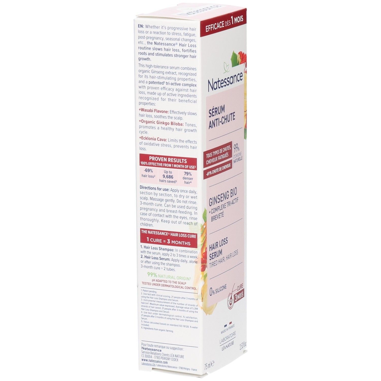 Doosje serum tegen haaruitval. Tekst in het Engels en Frans. Informatie over ingrediënten en gebruik. 3 maanden kuur.