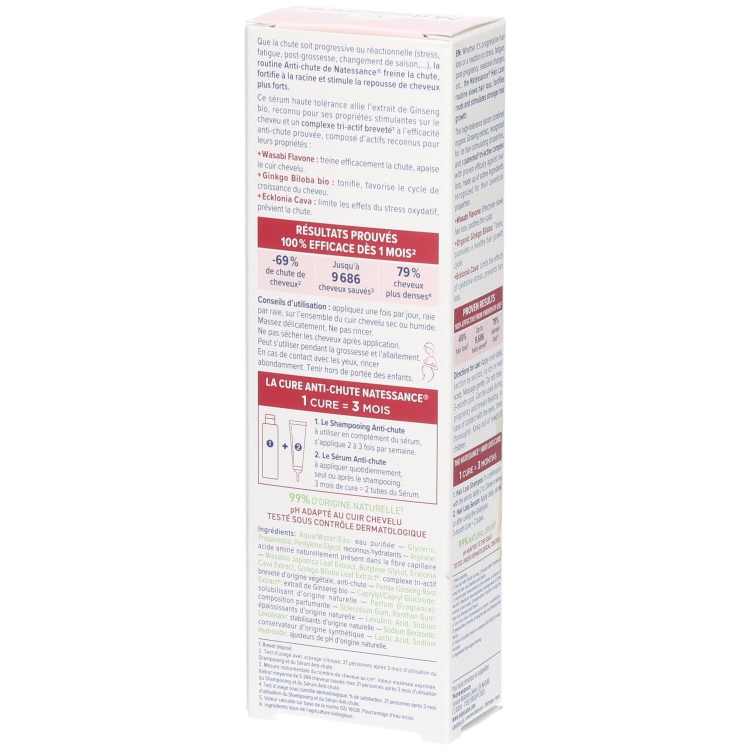 Doosje serum tegen haaruitval. Tekst in het Frans. Informatie over ingrediënten en gebruik. 3 maanden kuur.