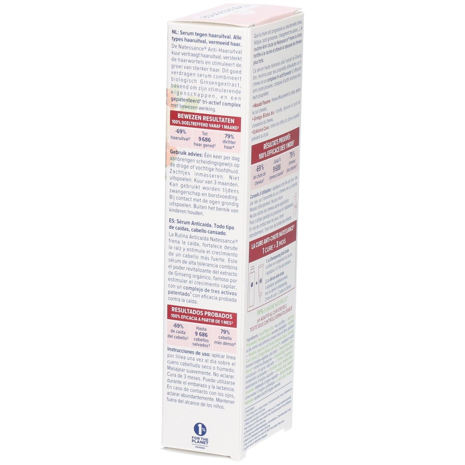 Doosje serum tegen haaruitval. Tekst in het Nederlands en Spaans. Informatie over ingrediënten en gebruik. 3 maanden kuur.