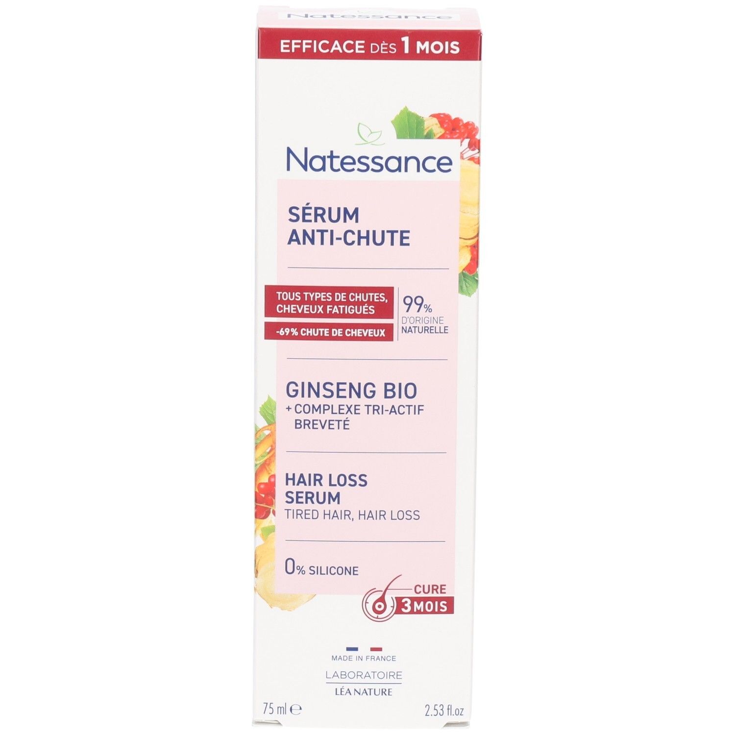 Doosje Natessance serum tegen haaruitval. Bevat Ginseng Bio. Tekst: Hair Loss Serum. 0% silicone. 75ml.