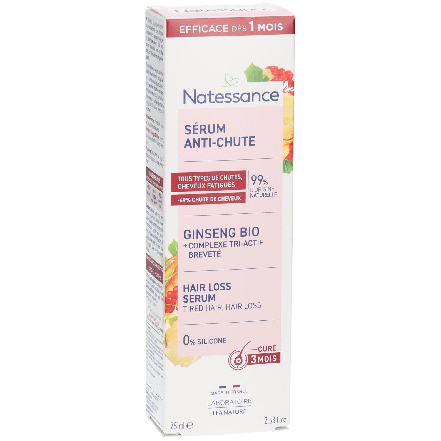 Doosje Natessance serum tegen haaruitval. Bevat Ginseng Bio. Tekst: Hair Loss Serum. 0% silicone. 75ml.
