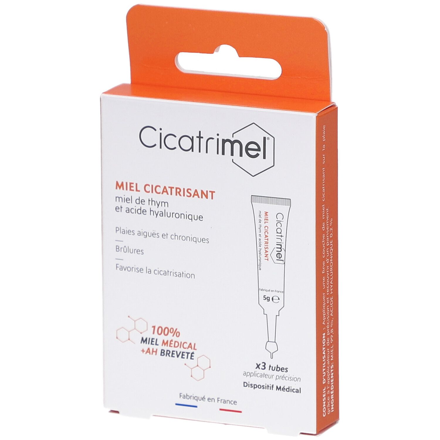 Cicatrimel Miel Cicatrisant: Boîte carton de 3 tubes, miel médical et acide hyaluronique.
