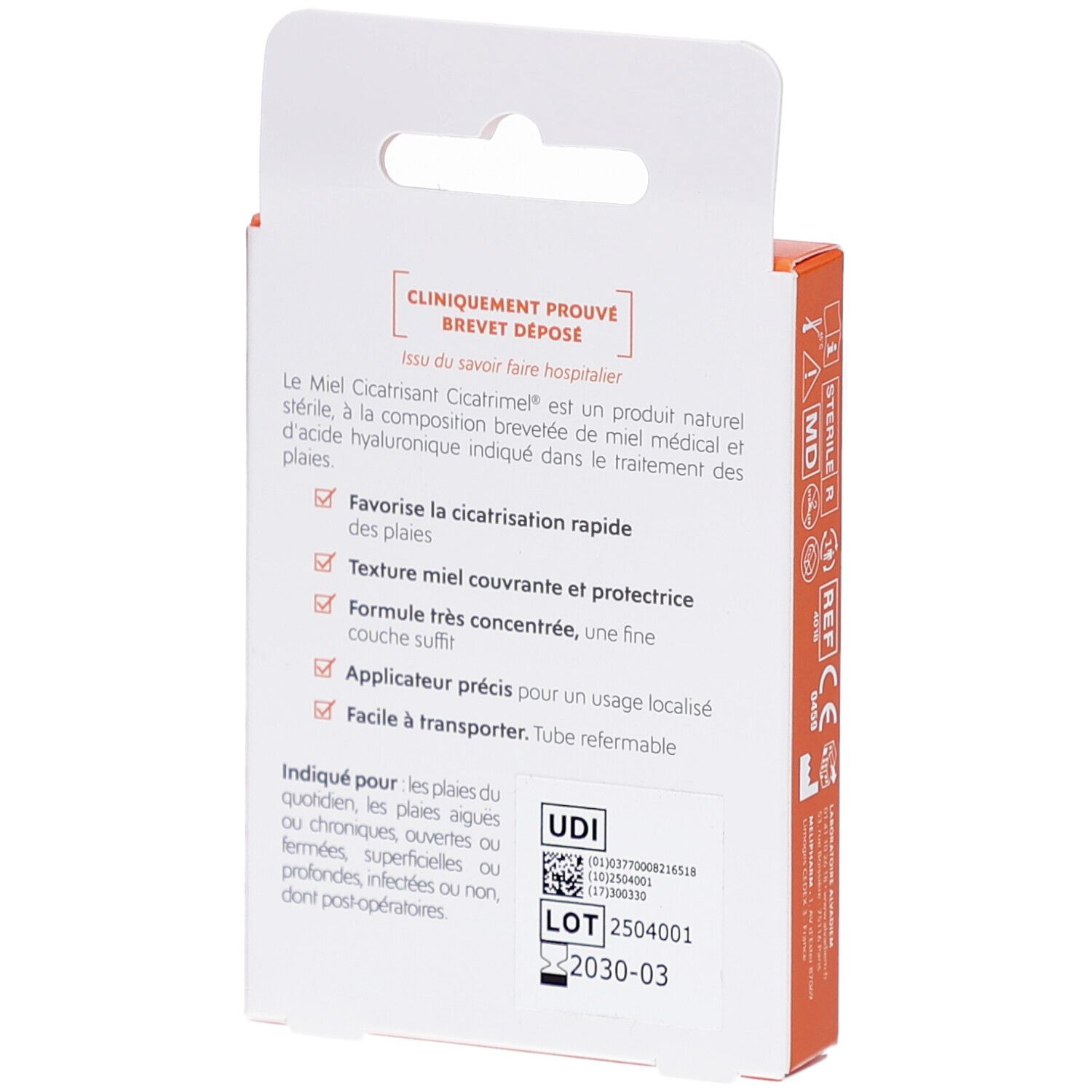 Cicatrimel Miel Cicatrisant: Arrière de la boîte avec indications cliniques et informations d'utilisation.