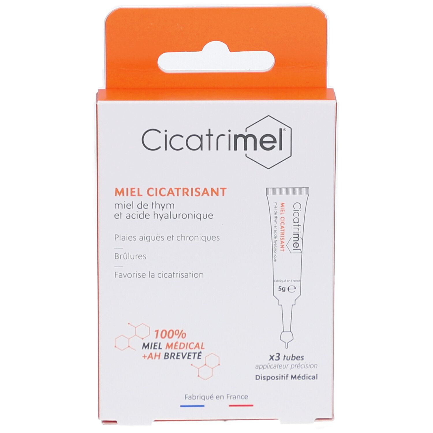 Cicatrimel Miel Cicatrisant: Face avant de la boîte, montrant un tube avec applicateur de précision.
