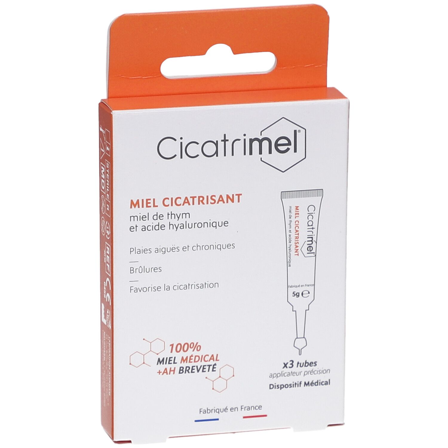 Cicatrimel Miel Cicatrisant: Face avant de la boîte, montrant un tube avec applicateur de précision.