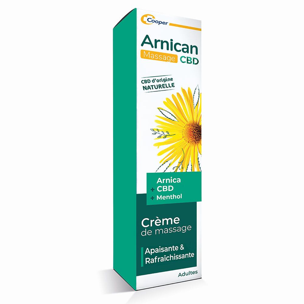 Boîte. Inscription: Arnicam Massage CBD. Avec Arnica, CBD et Menthol. Crème pour adultes.