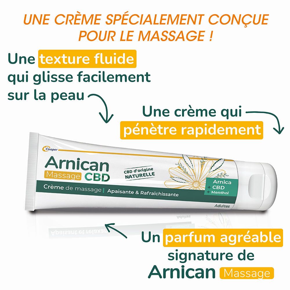 Tube de crème. Inscription: Arnicam Massage CBD. Texture: fluide, pénètre rapidement. Parfum agréable.